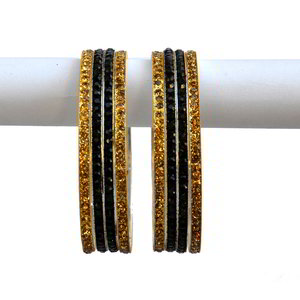 Чёрный, золотой и серый латунный индийский браслет со стразами