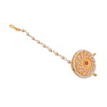 *Бордовое, золотое и красное латунное индийское украшение на голову (манг-тика) с перламутровыми бусинками