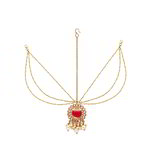 *Молочное и золотое латунное индийское украшение на голову (манг-тика) со стразами, перламутровыми бусинками