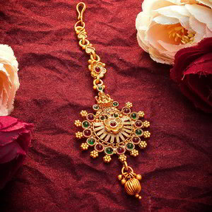 Золотое и розовое индийское украшение на голову (манг-тика) со стразами, перламутровыми бусинками