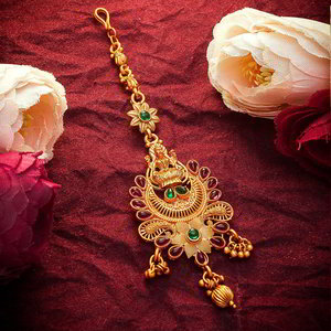 Зелёное и золотое индийское украшение на голову (манг-тика) со стразами