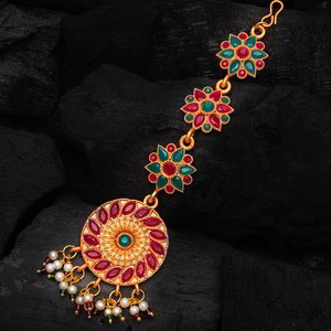 Разноцветное и золотое индийское украшение на голову (манг-тика) с искусственными камнями, перламутровыми бусинками