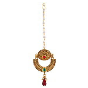 Разноцветное и золотое латунное индийское украшение на голову (манг-тика) с перламутровыми бусинками