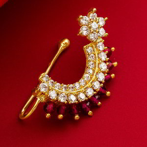 Золотое и розовое индийское кольцо в нос со стразами