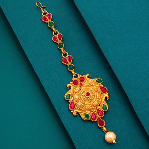 Зелёное и золотое индийское украшение на голову (манг-тика) с искусственными камнями
