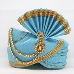 *Синий индийский тюрбан (чалма) из шёлка-сырца с кружевами