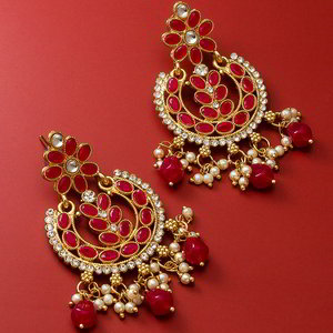 Бордовые, золотые и красные индийские серьги с искусственными камнями, перламутровыми бусинками
