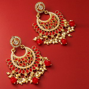 Бордовые, золотые и красные индийские серьги с искусственными камнями, перламутровыми бусинками