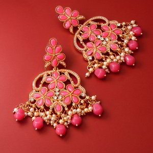 Золотые и розовые индийские серьги с искусственными камнями, перламутровыми бусинками