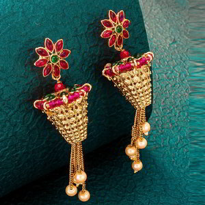 Золотые и розовые индийские серьги с искусственными камнями