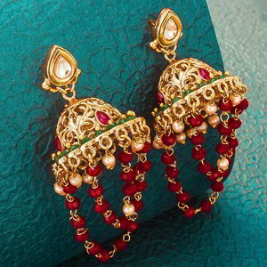 Бордовые, золотые и красные индийские серьги с искусственными камнями
