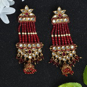 Бордовые, золотые и красные индийские серьги из латуни со стразами, перламутровыми бусинками