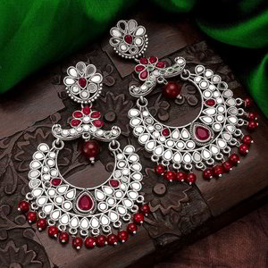Бордовые, серебристые и красные индийские серьги с искусственными камнями