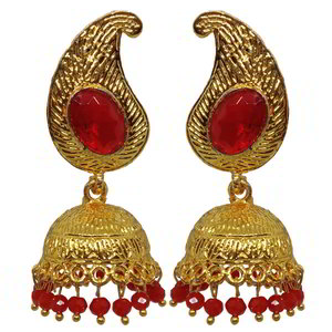 Бордовые, золотые и красные латунные индийские серьги со стразами