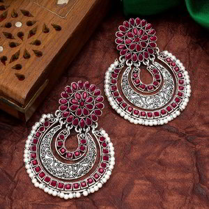 Серебристые и розовые индийские серьги с искусственными камнями