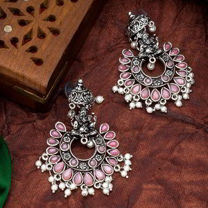 Серебристые и розовые индийские серьги с искусственными камнями