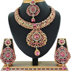 Золотое и розовое медное индийское украшение на шею со стразами