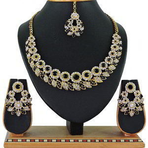 Чёрное, золотое и серое медное индийское украшение на шею со стразами
