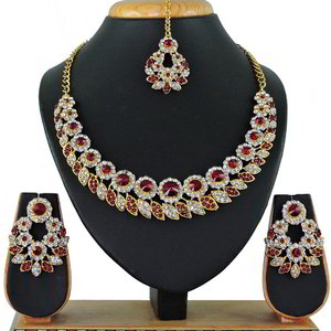 Бордовое, золотое и красное медное индийское украшение на шею со стразами