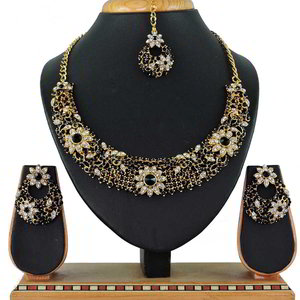 Чёрное, золотое и серое медное индийское украшение на шею со стразами