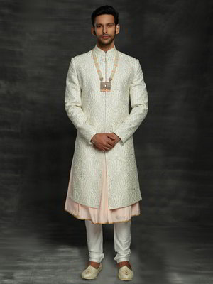 Молочный хлопковый и шёлковый индийский свадебный мужской костюм