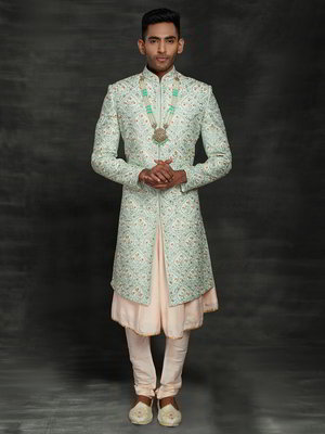 Цвета морской волны индийский свадебный мужской костюм из шёлка