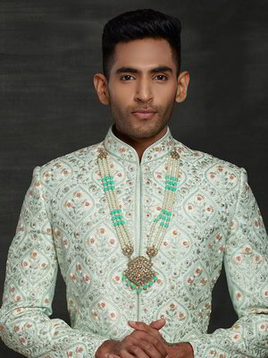 Цвета морской волны индийский свадебный мужской костюм из шёлка