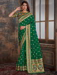 *Зелёное вечернее нарядное индийское сари из шёлка и жаккардовой ткани