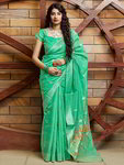 *Зелёное шёлковое и хлопковое оригинальное красивое летнее индийское сари