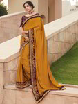 *Горчичное и жёлтое интересное красивое современное индийское сари из атласа