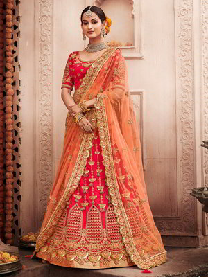 Розовый индийский женский свадебный костюм лехенга (ленга) чоли из шёлка, украшенный вышивкой