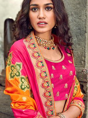 Национальный индийский женский свадебный костюм лехенга (ленга) чоли цвета фуксии, украшенный вышивкой с люрексом