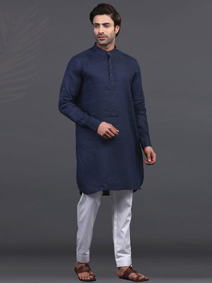 Тёмно-синий льняной индийский национальный мужской костюм