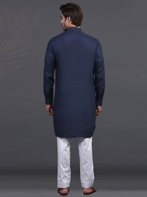 Тёмно-синий льняной индийский национальный мужской костюм