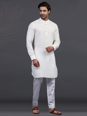 Молочная индийская рубашка (курта) из льна + брюки фасона чуридары