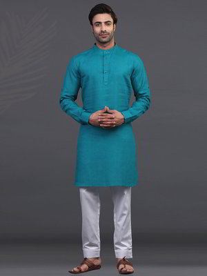 Бирюзовая индийская рубашка (курта) из льна + белые брюки фасона чуридары