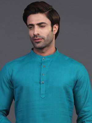 Бирюзовая индийская рубашка (курта) из льна + белые брюки фасона чуридары