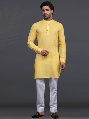 Жёлтый льняной индийский национальный мужской костюм