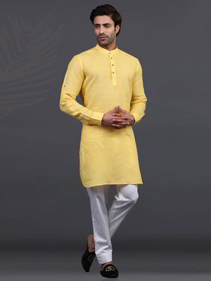 Жёлтый льняной индийский национальный мужской костюм