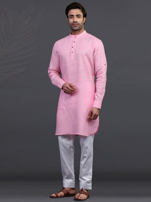 Розовый индийский национальный мужской костюм из льна