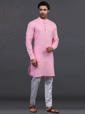Розовый индийский национальный мужской костюм из льна