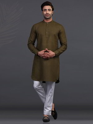 Оливковый индийский национальный мужской костюм из льна