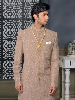 Коричневый шёлковый индийский свадебный мужской костюм