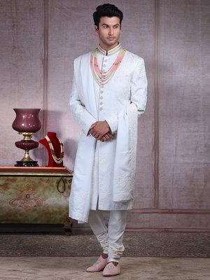 Голубой шёлковый индийский свадебный мужской костюм
