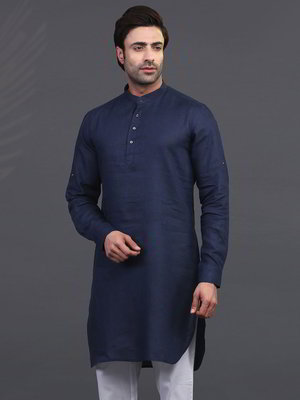 Тёмно-синий льняной индийский мужской костюм