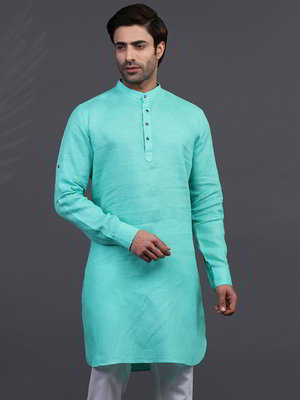 Аквамариновый льняной индийский мужской костюм