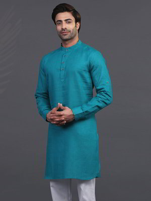 Зелёный льняной индийский мужской костюм