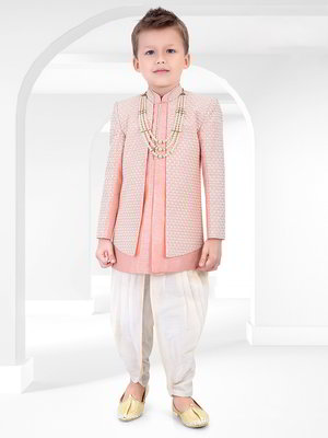 Розовый хлопко-шёлковый национальный костюм для мальчика с пайетками