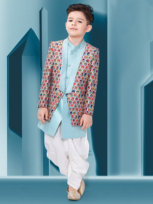 Голубой шёлковый национальный костюм для мальчика, украшенный печатным рисунком