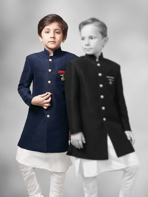 Тёмно-синий шёлковый национальный костюм для мальчика